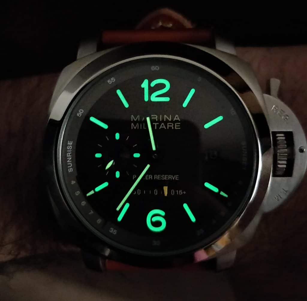 Image of the Marine Militare in the dark showing the activated lume markers on the watch face.