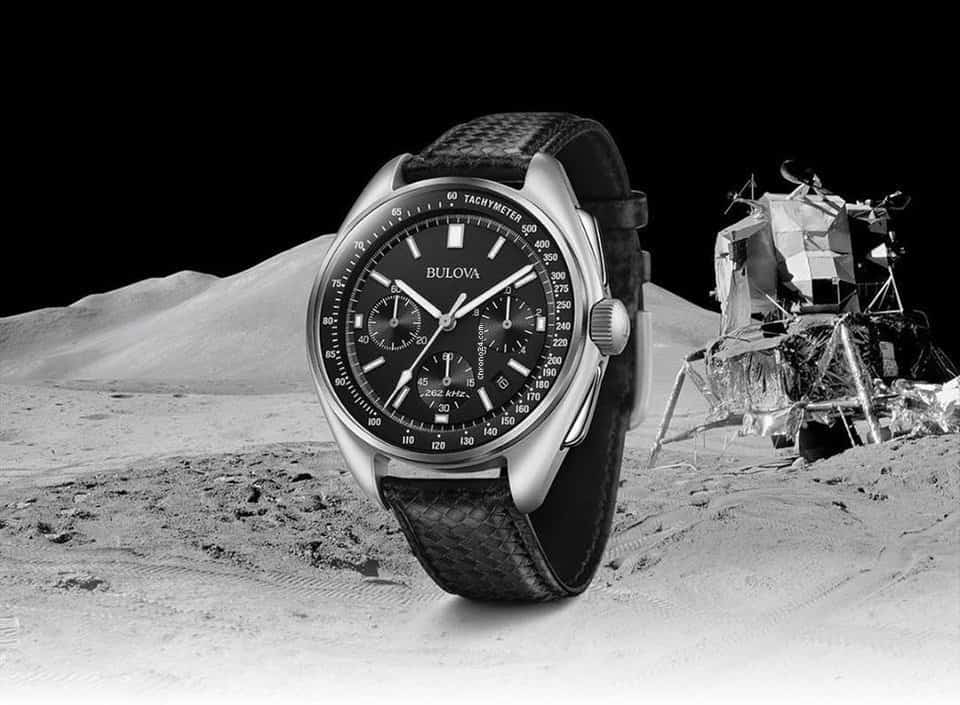 Bulova Lunar Pilot Chronograph product shot showing the moonlanding